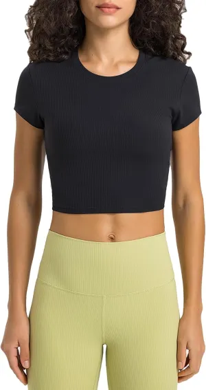 Ukaste Women's Petite Ribbed Short-Sleeve Crewneck Crop T-Shirt - Athletic Yoga Tee Tops for Juniors