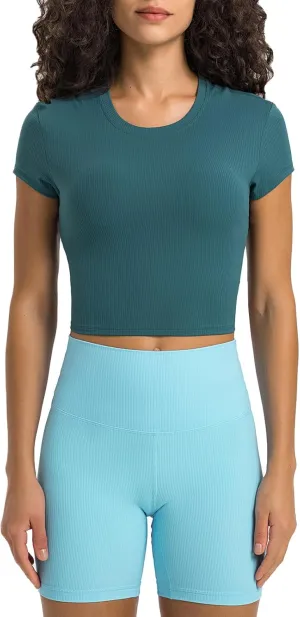Ukaste Women's Petite Ribbed Short-Sleeve Crewneck Crop T-Shirt - Athletic Yoga Tee Tops for Juniors