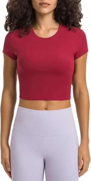 Ukaste Women's Petite Ribbed Short-Sleeve Crewneck Crop T-Shirt - Athletic Yoga Tee Tops for Juniors