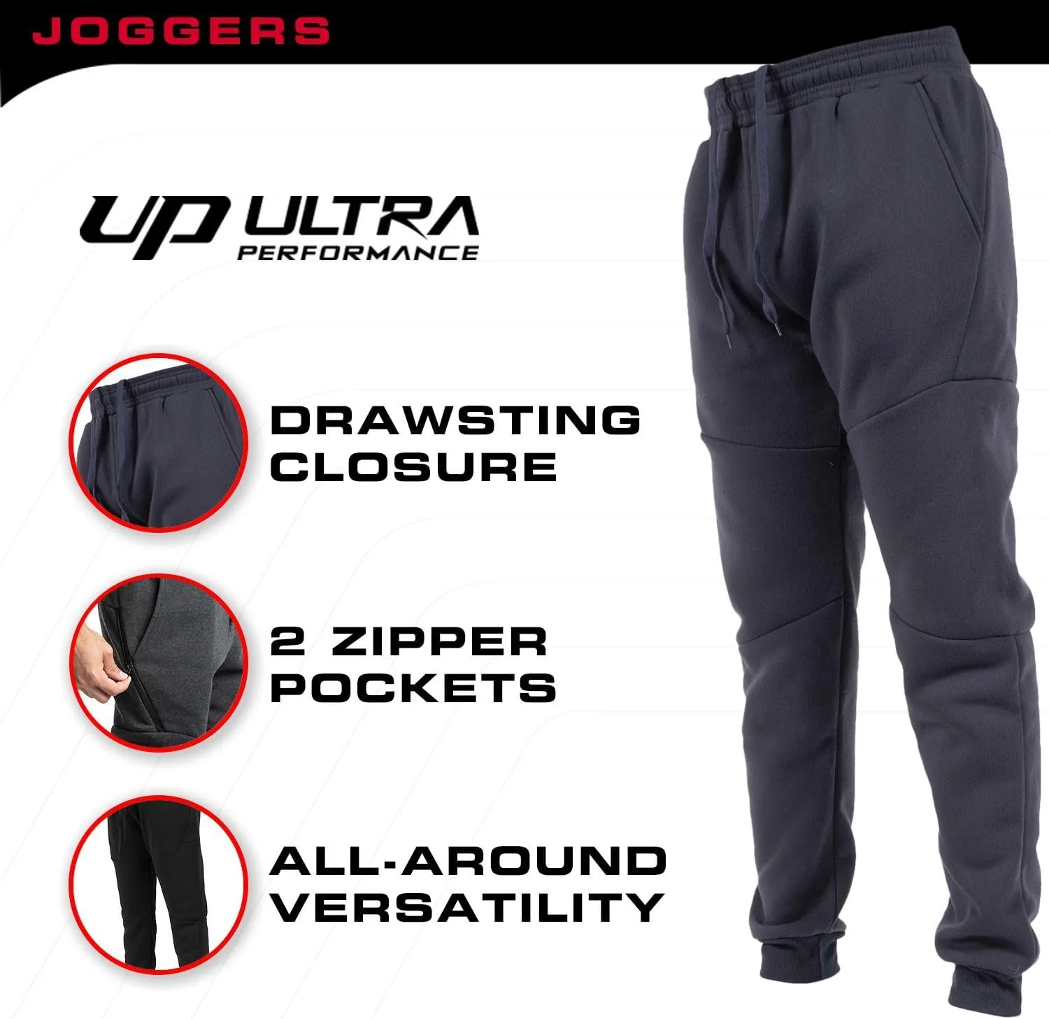 Ultra Performance 3 Pack Fleece Active Tech Joggers for Men, Mens Sweatpants with Zipper Pockets