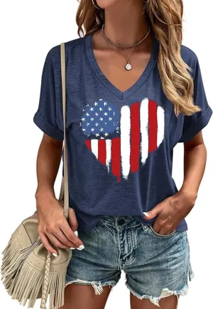 USA Flag V-Neck Shirt Women Star and Stripes Graphic Tops Red White and Blue Short Sleeve Tee Summer Patriotic T-Shirt