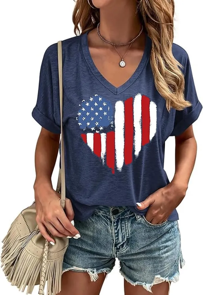 USA Flag V-Neck Shirt Women Star and Stripes Graphic Tops Red White and Blue Short Sleeve Tee Summer Patriotic T-Shirt