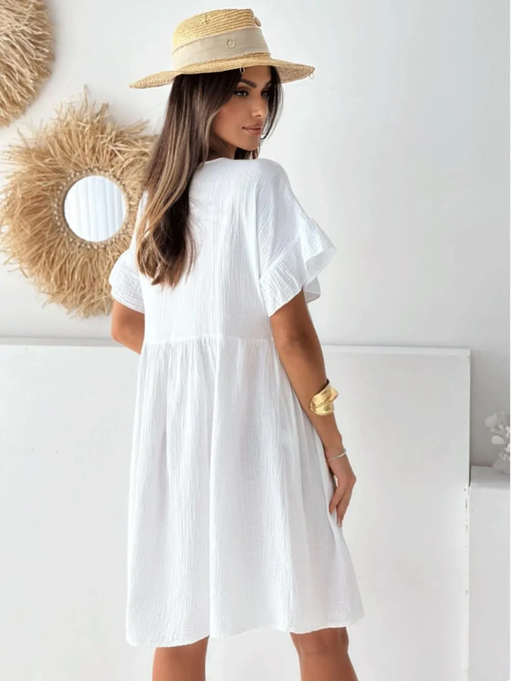 utcoco Womens Summer Dress Casual Loose Cute Ruffle Round Neck Short Sleeve A Line Pleated Mini Dress