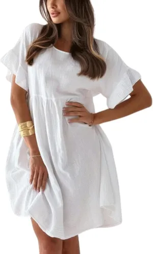 utcoco Womens Summer Dress Casual Loose Cute Ruffle Round Neck Short Sleeve A Line Pleated Mini Dress