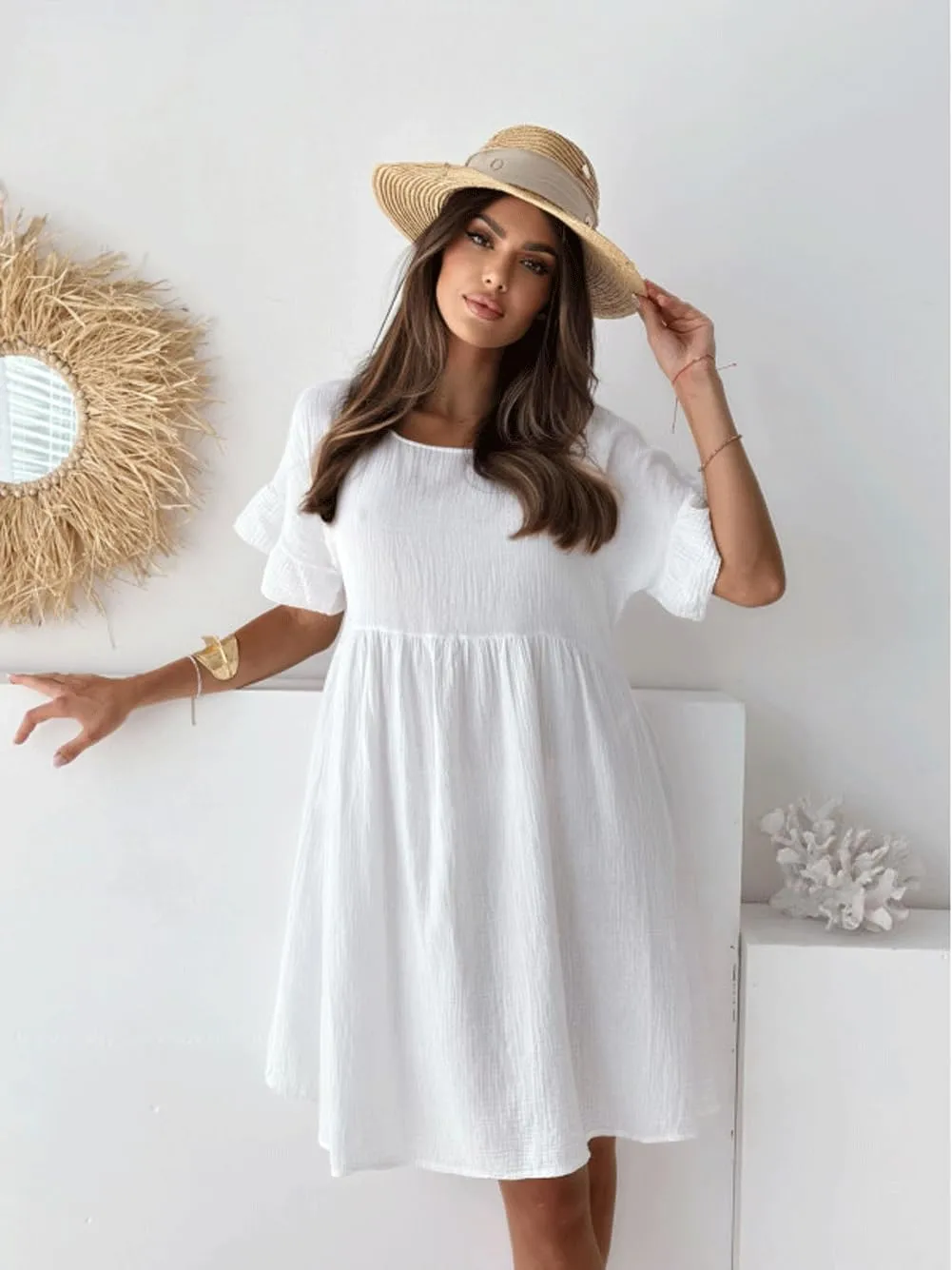 utcoco Womens Summer Dress Casual Loose Cute Ruffle Round Neck Short Sleeve A Line Pleated Mini Dress