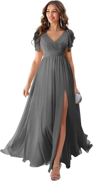 V Neck Chiffon Bridesmaid Dress Long Ruffles Cap Sleeve Slit Formal Evening Gown with Pocket Grey US10