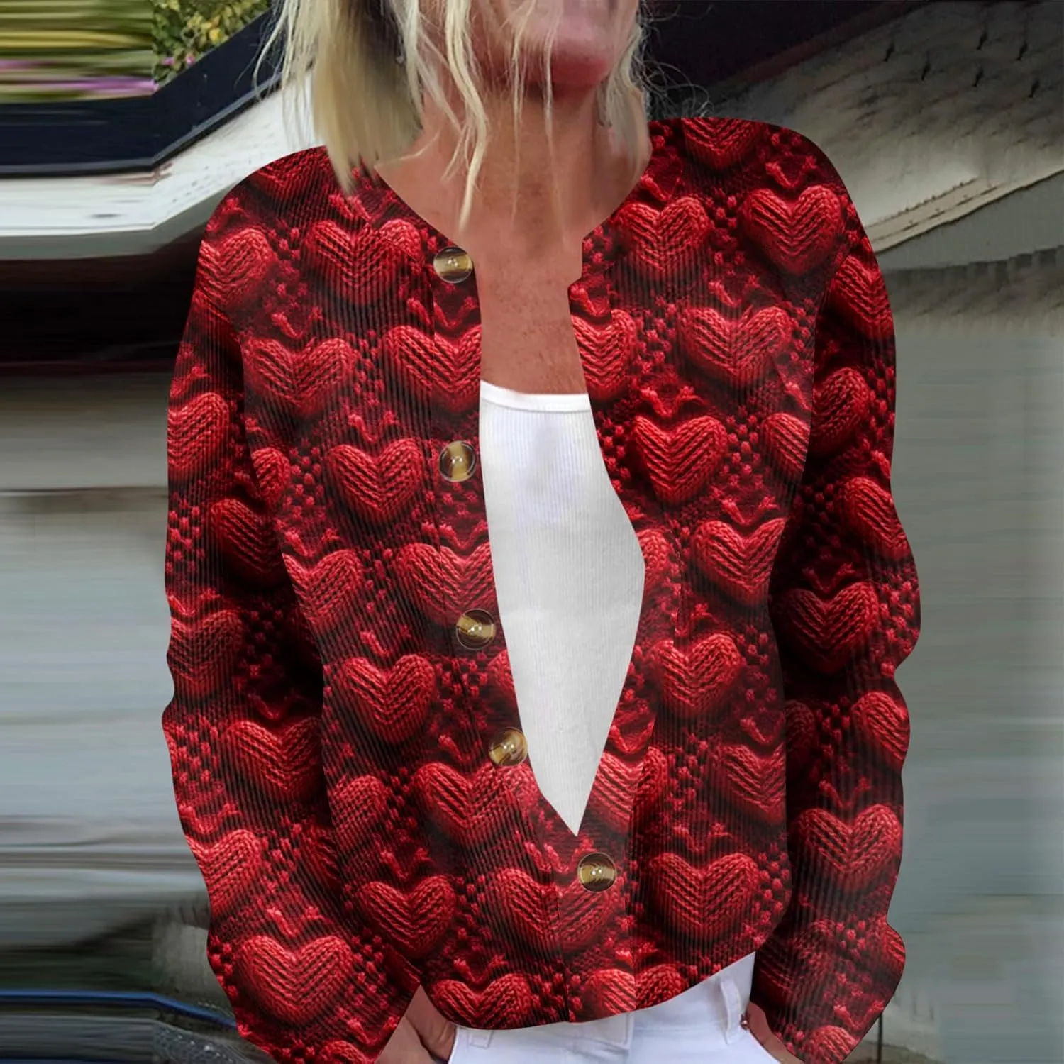 Valentines Sweater Women,Ladies' Fashion Long Sleeved Sweater Festival Valentine's Day Heart Printed Jacket Cardigan