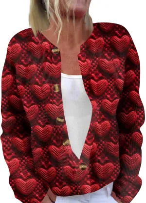 Valentines Sweater Women,Ladies' Fashion Long Sleeved Sweater Festival Valentine's Day Heart Printed Jacket Cardigan