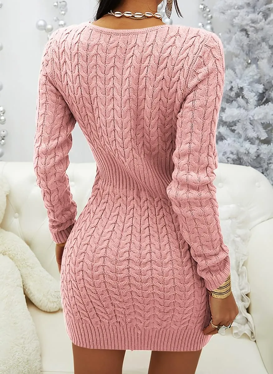 Veatzaer Womens Zipper V-Neck Casual Slim Fit Sweater Dress Long Sleeve Solid Sweaters Knit Mini Dress