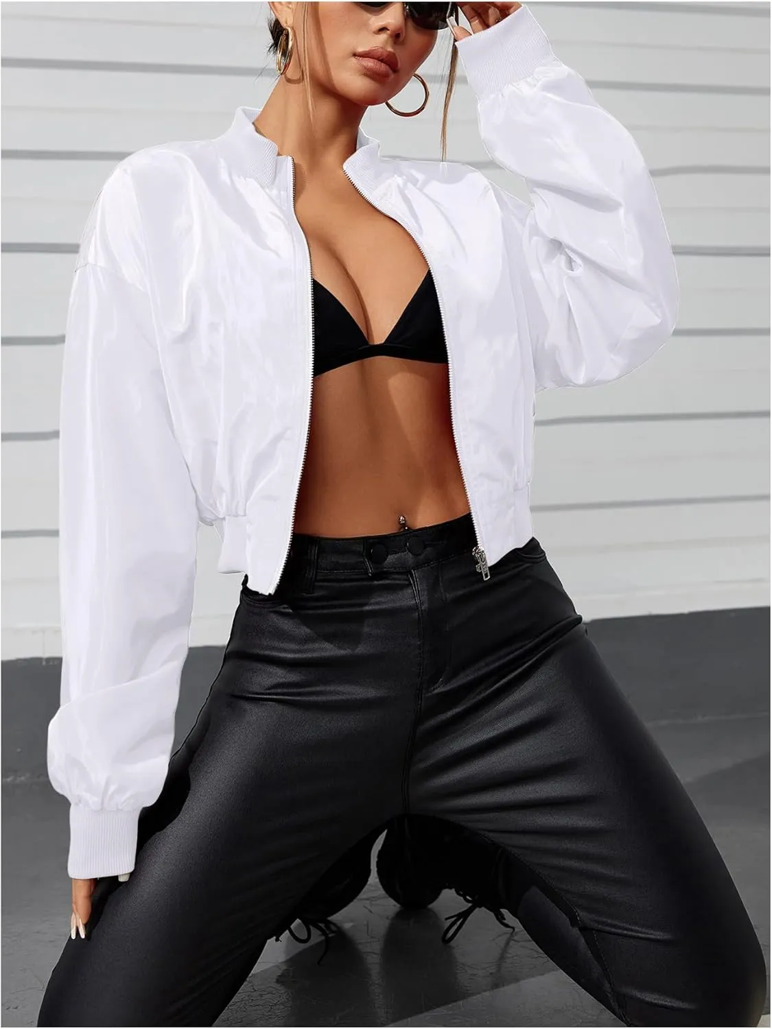 Verdusa Women's Cropped Bomber Lightweight Jacket Long Sleeve Zip Up Outerwear