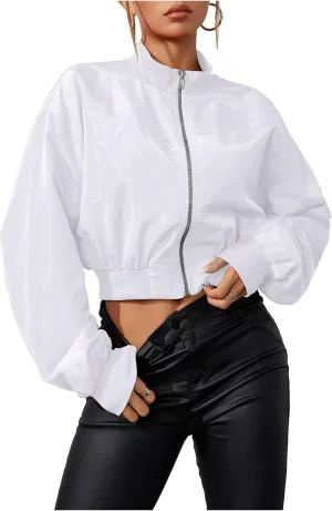 Verdusa Women's Cropped Bomber Lightweight Jacket Long Sleeve Zip Up Outerwear