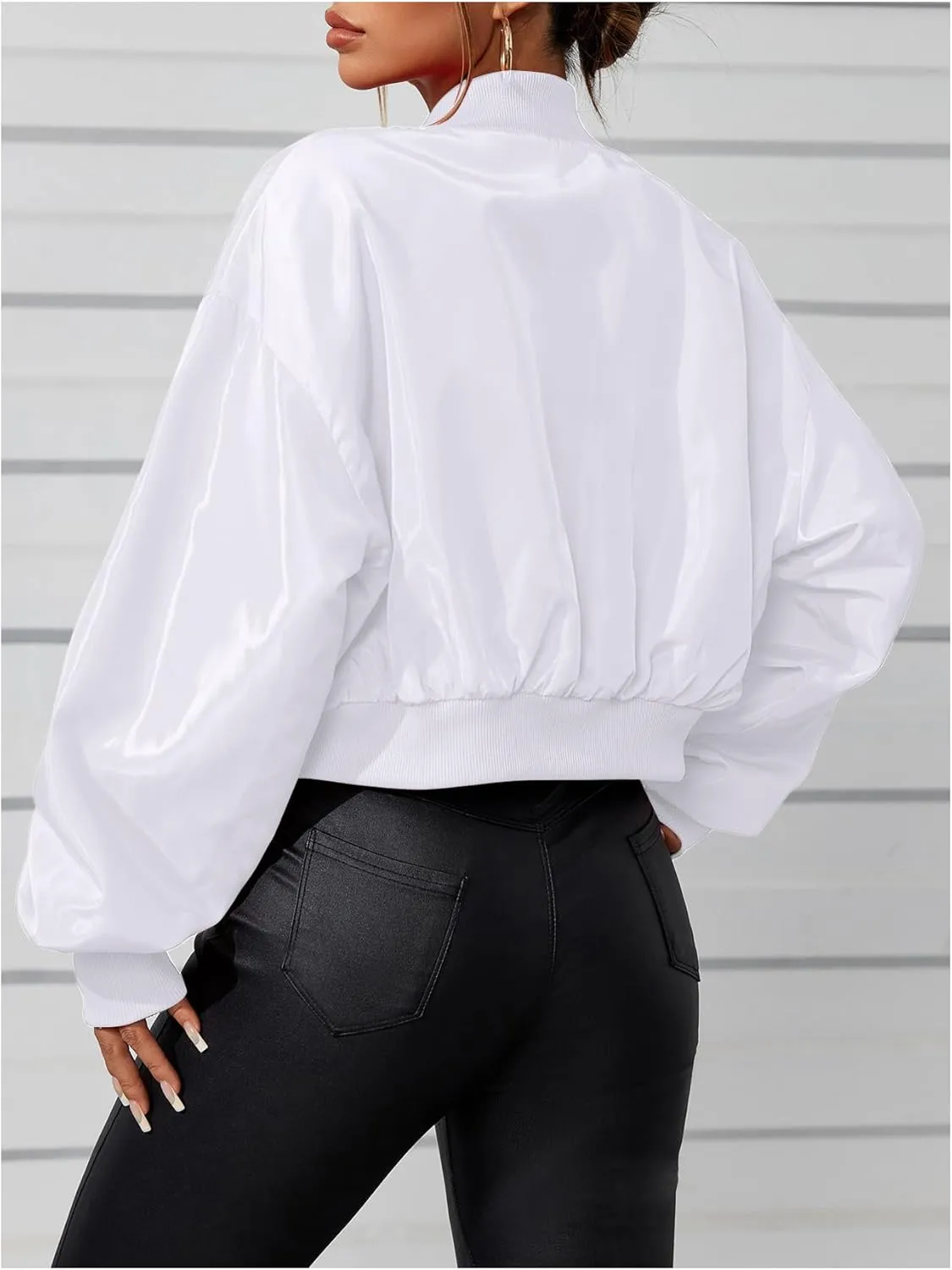Verdusa Women's Cropped Bomber Lightweight Jacket Long Sleeve Zip Up Outerwear