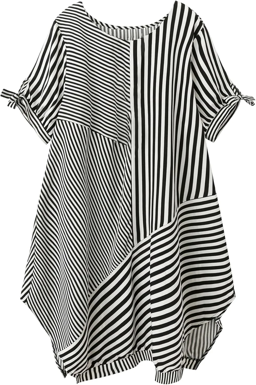 Verdusa Women's Plus Size Striped Midi Tee Dress Bow Tie Sleeve Asymmetrical Tunic Dress