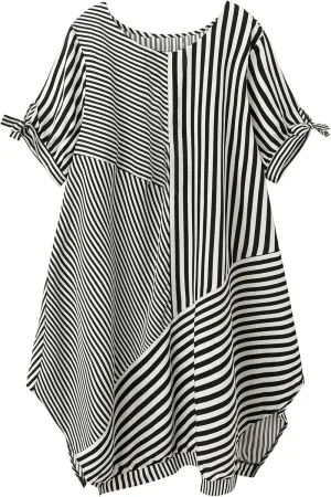 Verdusa Women's Plus Size Striped Midi Tee Dress Bow Tie Sleeve Asymmetrical Tunic Dress