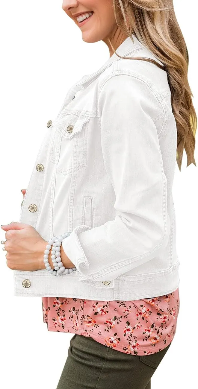 Vetinee Womens Stretch Button Down Long Sleeve Pockets Denim Jean Trucker Jacket
