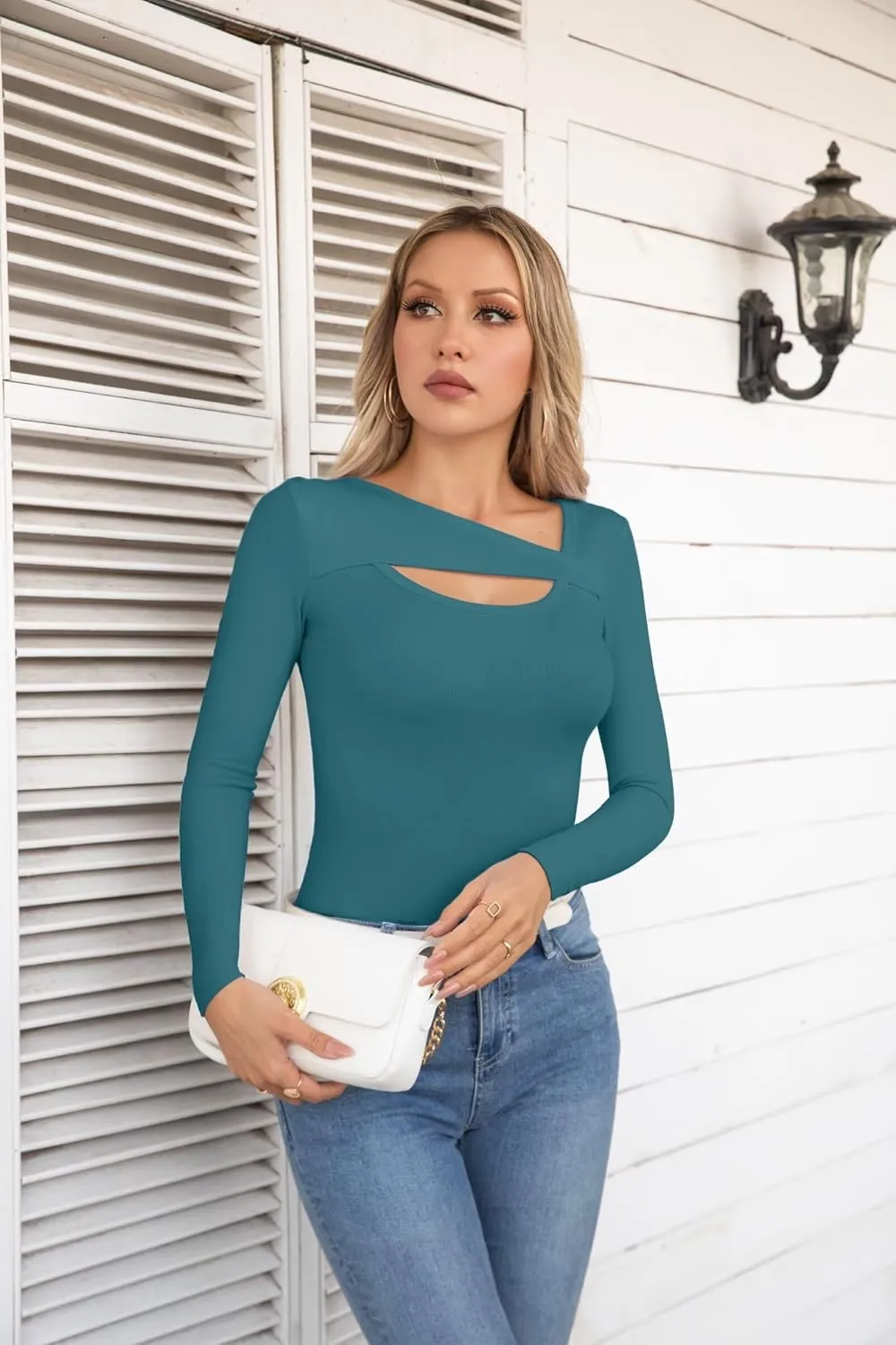 VICHYIE Womens Fashion Fall Clothes One Piece Cutout Tops Long Sleeve Ribbed Slim Fitted Shirts Tee Tshirts