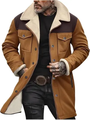 Vintage Suede Pocket Plush Reversed Collar Mens Outdoor Jacket Coat Retro Top Western Windbreaker Trench Coat
