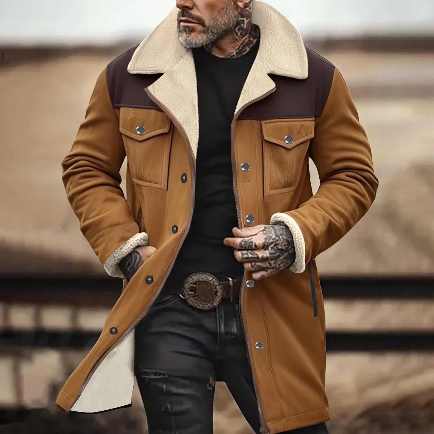 Vintage Suede Pocket Plush Reversed Collar Mens Outdoor Jacket Coat Retro Top Western Windbreaker Trench Coat