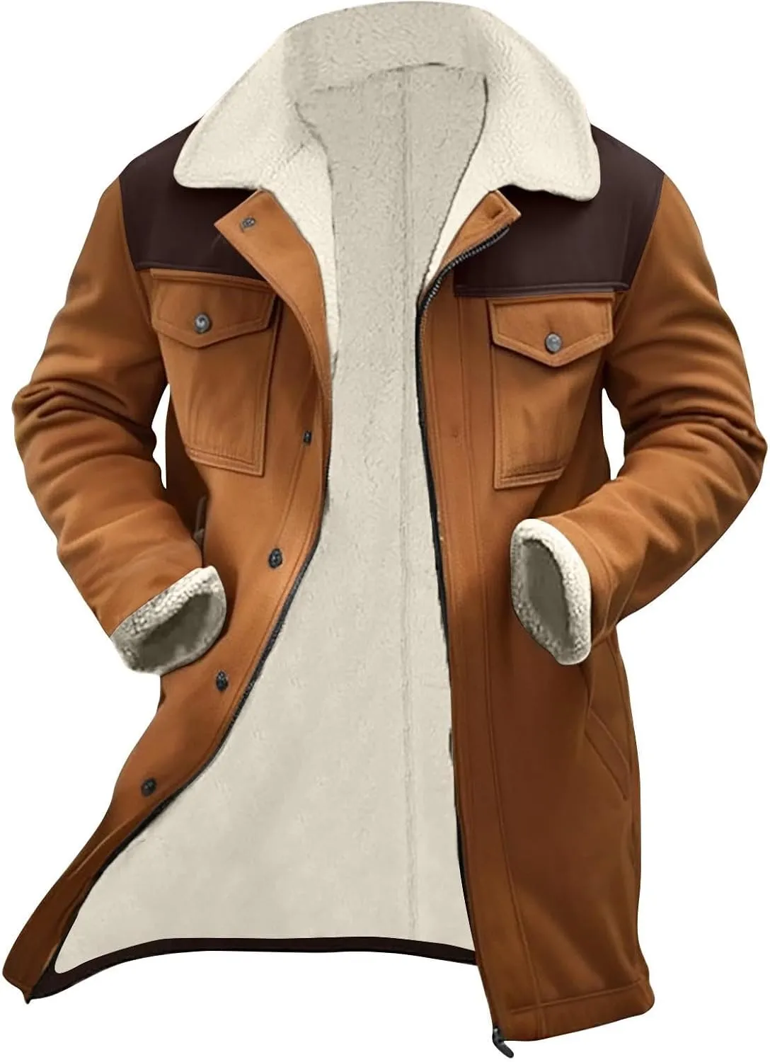 Vintage Suede Pocket Plush Reversed Collar Mens Outdoor Jacket Coat Retro Top Western Windbreaker Trench Coat