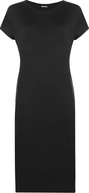 WearAll Womens Plus Size Plain Short Sleeve Stretch Ladies Jersey Midi Dress 4-22