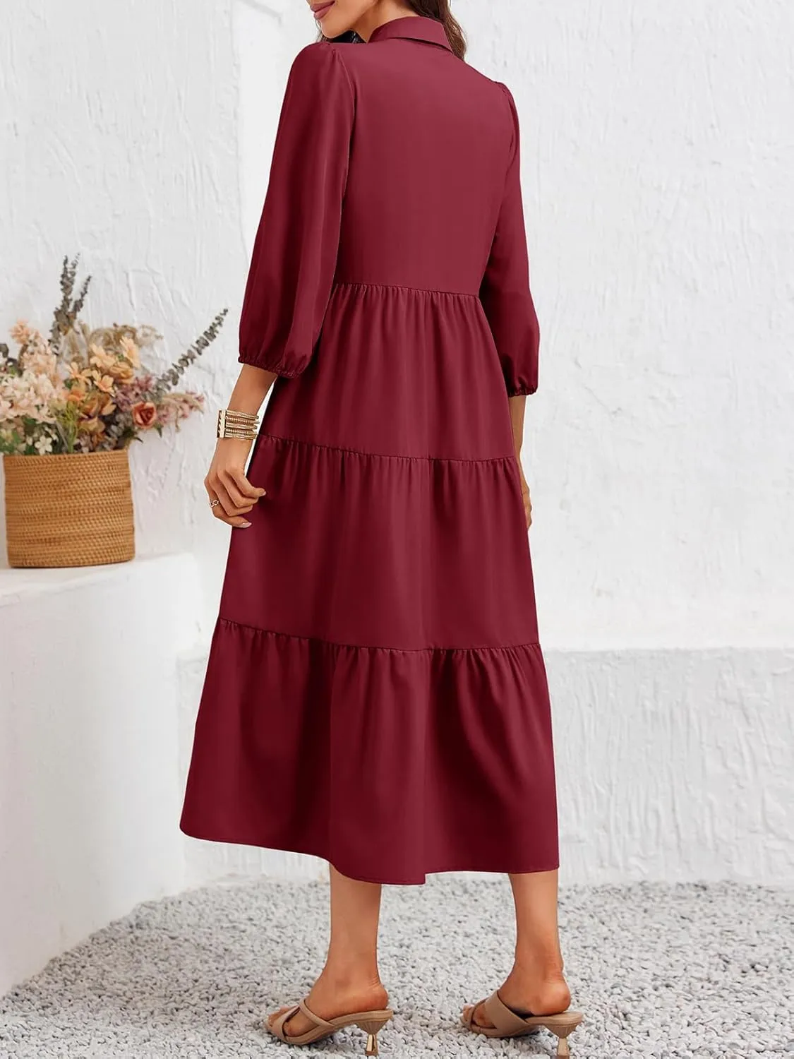 Wenrine Womens Casual 3/4 Sleeve Shirt Dress Button Down V Neck Tiered Collared Flowy Maxi Dress