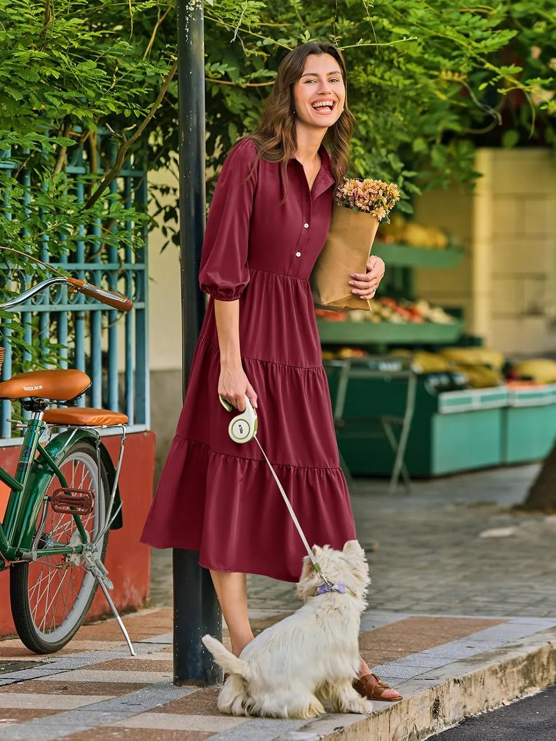 Wenrine Womens Casual 3/4 Sleeve Shirt Dress Button Down V Neck Tiered Collared Flowy Maxi Dress