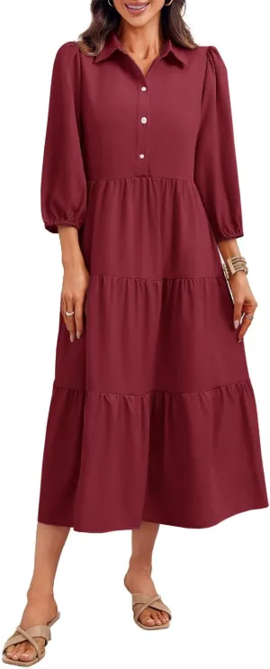 Wenrine Womens Casual 3/4 Sleeve Shirt Dress Button Down V Neck Tiered Collared Flowy Maxi Dress