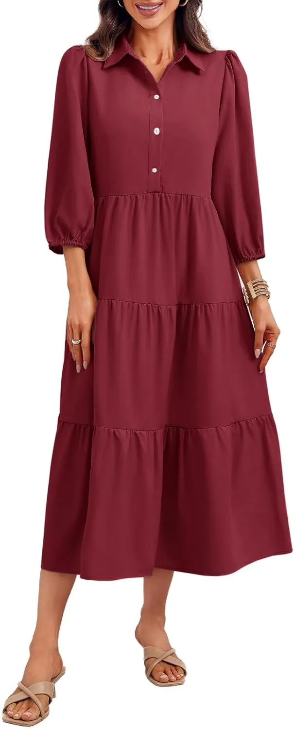 Wenrine Womens Casual 3/4 Sleeve Shirt Dress Button Down V Neck Tiered Collared Flowy Maxi Dress