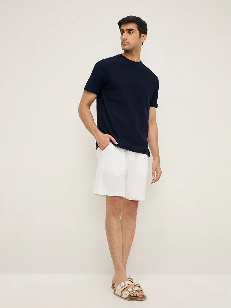 WES Lounge Navy Self-Patterned Relaxed-Fit Cotton-Blend T-Shirt