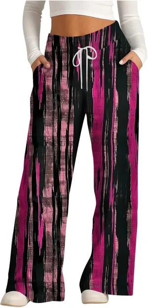 Wide Leg Sweatpants for Women High Waist Drawstring Workout Trousers Striped Print Loose Flowy Y2K Pants with Pockets