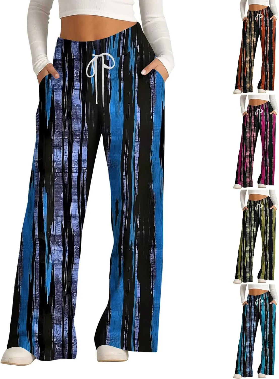 Wide Leg Sweatpants for Women High Waist Drawstring Workout Trousers Striped Print Loose Flowy Y2K Pants with Pockets