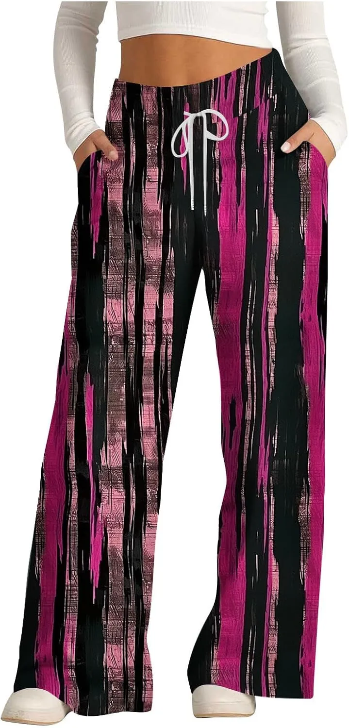 Wide Leg Sweatpants for Women High Waist Drawstring Workout Trousers Striped Print Loose Flowy Y2K Pants with Pockets