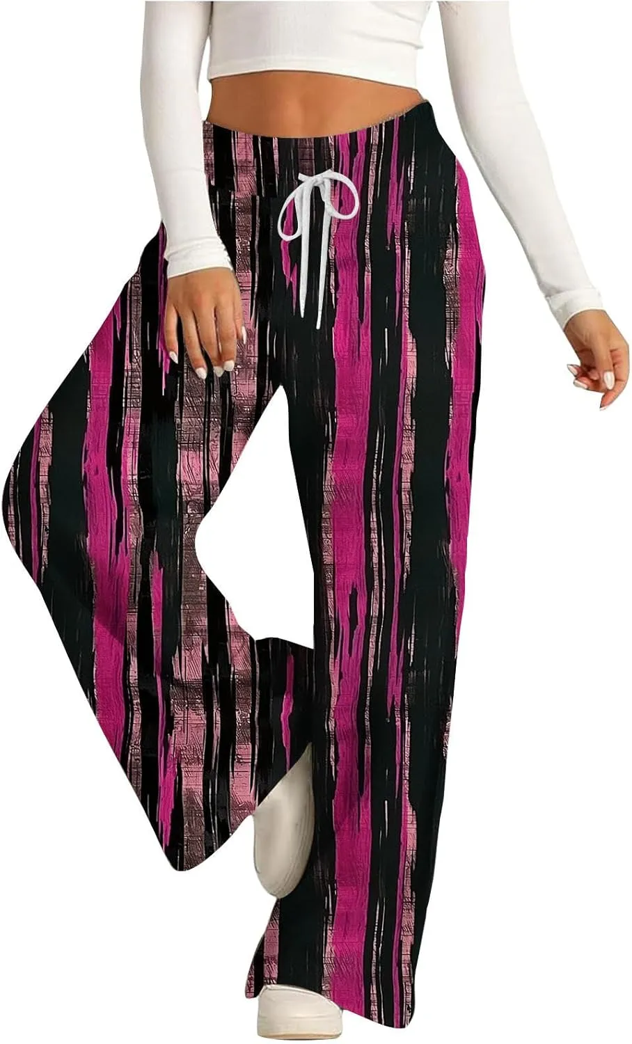 Wide Leg Sweatpants for Women High Waist Drawstring Workout Trousers Striped Print Loose Flowy Y2K Pants with Pockets