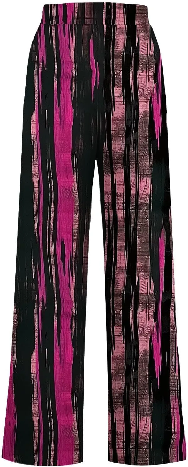 Wide Leg Sweatpants for Women High Waist Drawstring Workout Trousers Striped Print Loose Flowy Y2K Pants with Pockets