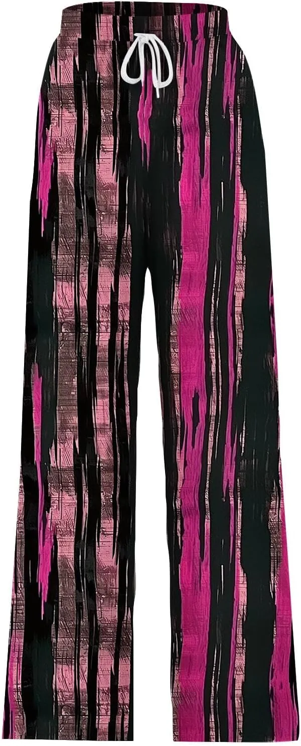 Wide Leg Sweatpants for Women High Waist Drawstring Workout Trousers Striped Print Loose Flowy Y2K Pants with Pockets