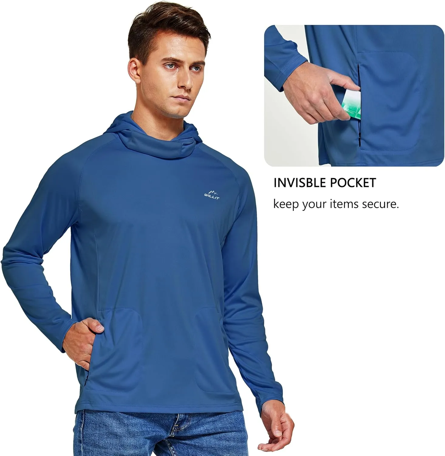 Willit Men's Sun Protection Hoodie UPF 50  Fishing Hiking Shirt Long Sleeve SPF UV Shirt Rash Guard Lightweight