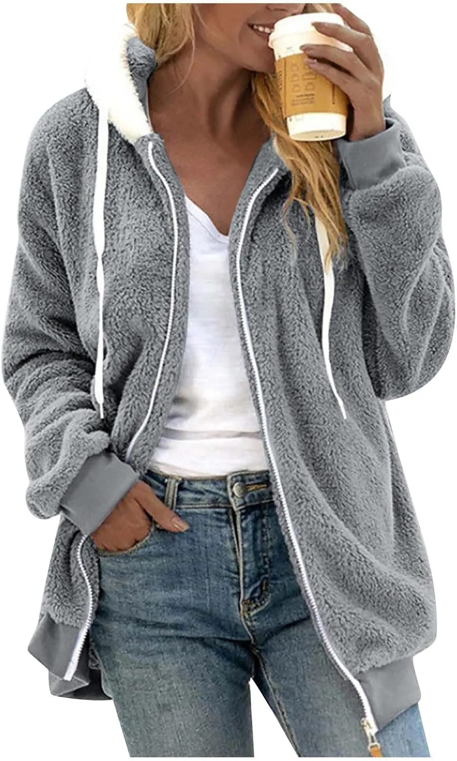 Winter Coats for Women 2024 Long Sleeve Faux Fur Fleece Jacket Zipper Plus Size Hooded Fuzzy Outerwear With Pockets