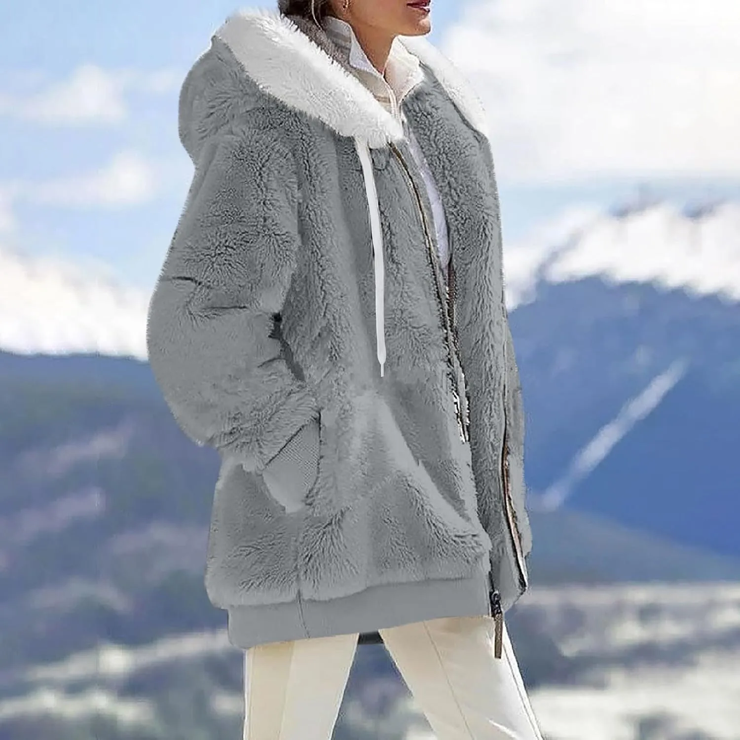 Winter Coats for Women 2024 Long Sleeve Faux Fur Fleece Jacket Zipper Plus Size Hooded Fuzzy Outerwear With Pockets