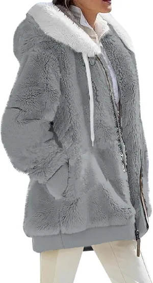 Winter Coats for Women 2024 Long Sleeve Faux Fur Fleece Jacket Zipper Plus Size Hooded Fuzzy Outerwear With Pockets