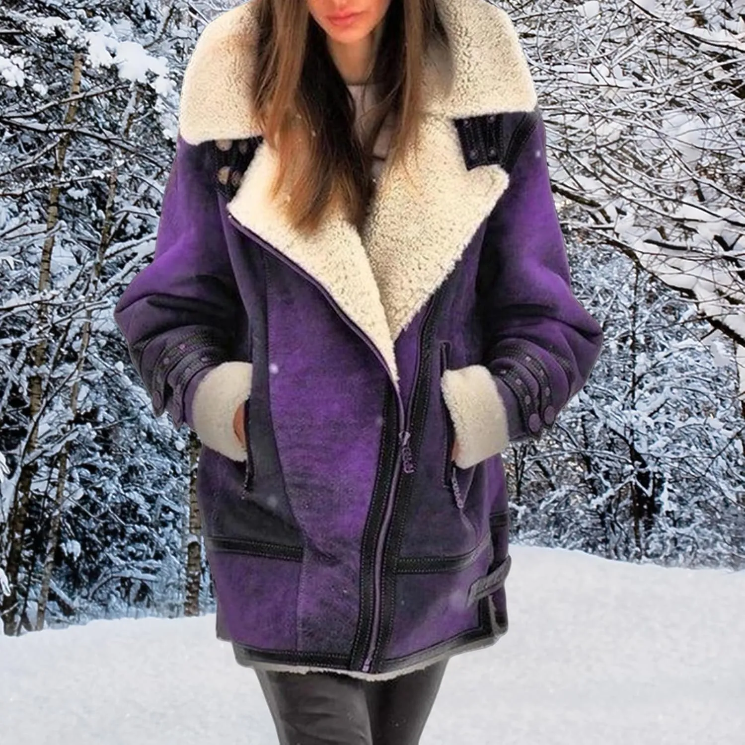 Winter Coats for Women Faux-Leather Suede Jackets Thicken Sherpa Fleece Jacket Vintage Moto Jacket Zipper Outerwear