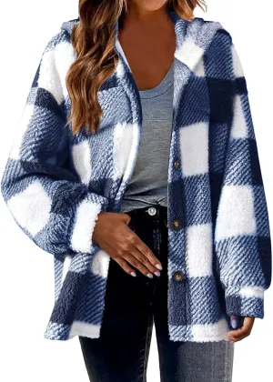 Winter Coats for Women Plaid Fleece Jackets with Hood Lightweight Cardigan Sweaters Warm Sherpa Jacket 2024