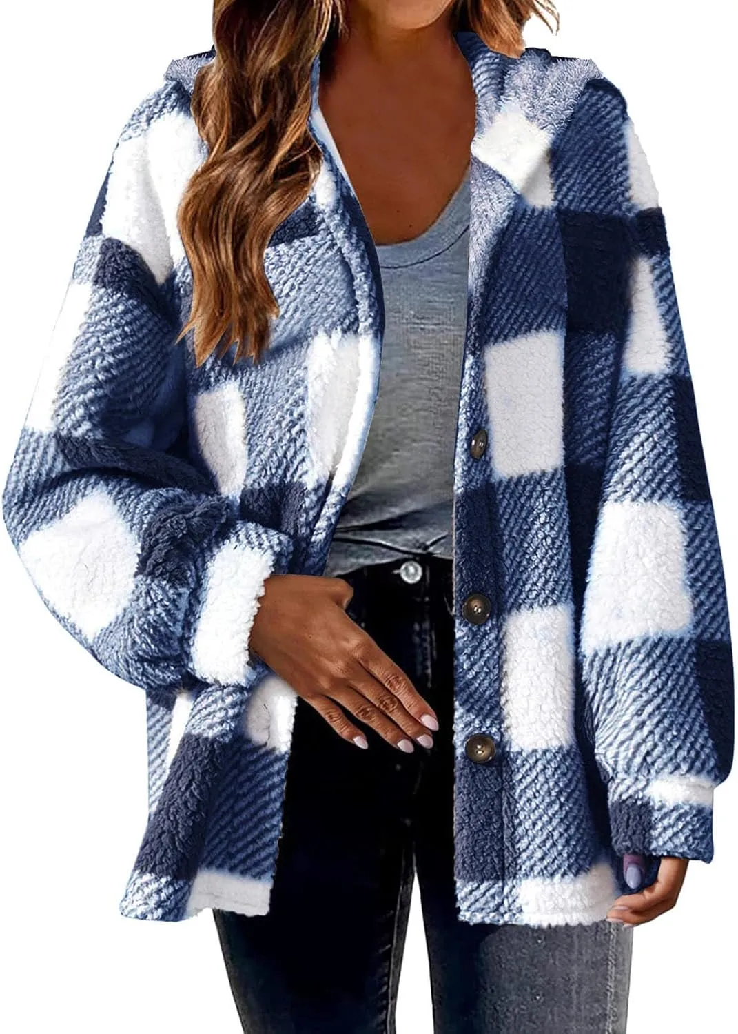 Winter Coats for Women Plaid Fleece Jackets with Hood Lightweight Cardigan Sweaters Warm Sherpa Jacket 2024