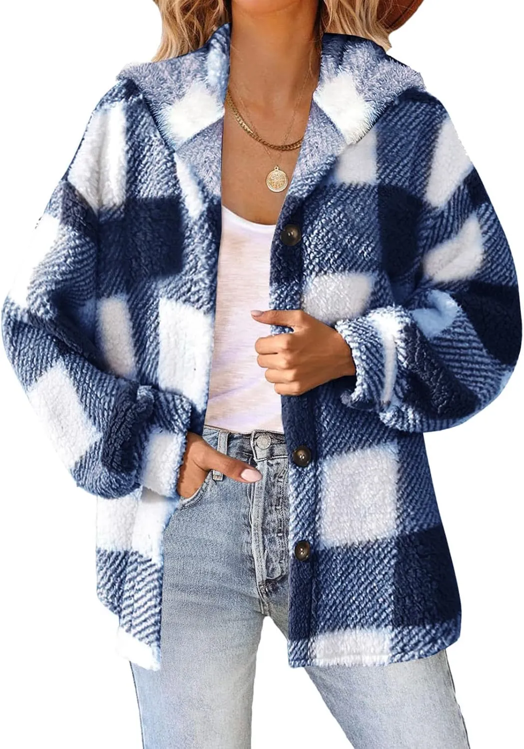 Winter Coats for Women Plaid Fleece Jackets with Hood Lightweight Cardigan Sweaters Warm Sherpa Jacket 2024