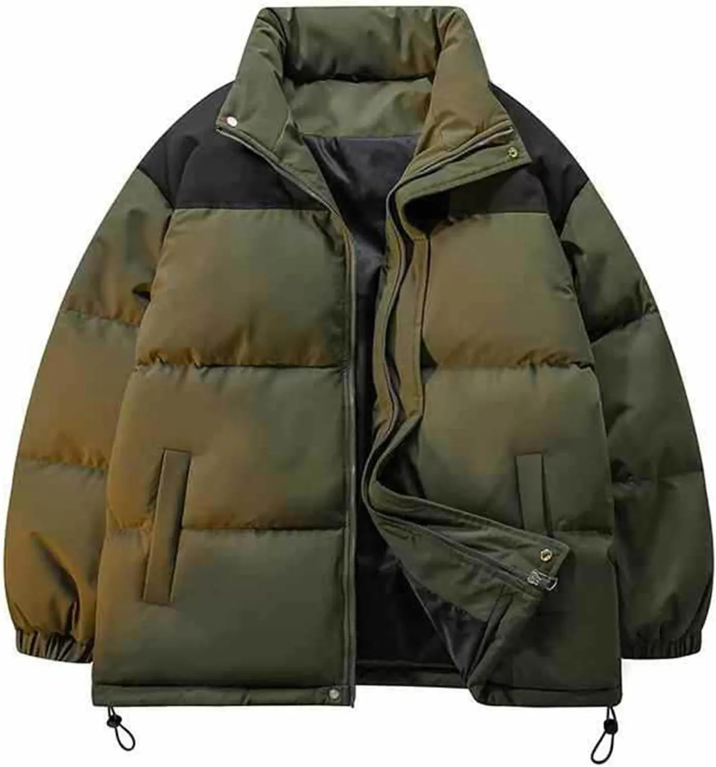 Winter Jackets for Men Casual Stylish Color Block Zip up Long Sleeve Padded Coats Loose Thicken Warm Cotton Outerwear