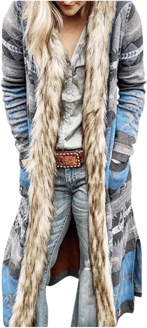 Winter Jackets for Women Long Coat Open Front Cardigan Jacket Vintage Coats Plus Size Outerwear Faux Fur Collar Jacket