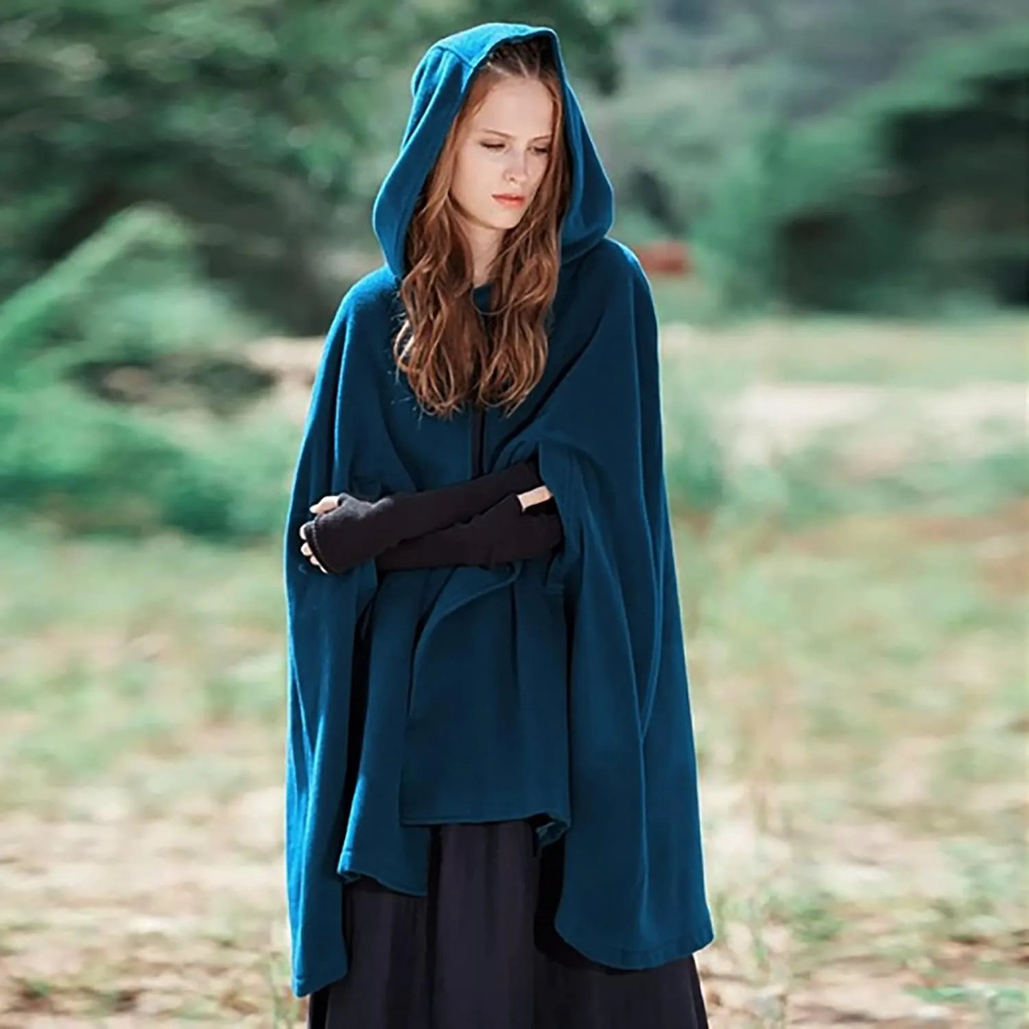 Winter Thick Cloak with Hood Women Wool Blend Cape Coat Poncho Batwing Cardigans Plus Size Coat Solid Classic Jackets
