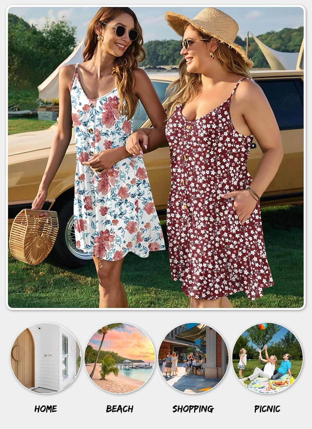 WNEEDU Women's Summer Spaghetti Strap Button Down V Neck Casual Beach Cover Up Dress with Pockets