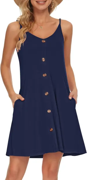 WNEEDU Women's Summer Spaghetti Strap Button Down V Neck Casual Beach Cover Up Dress with Pockets
