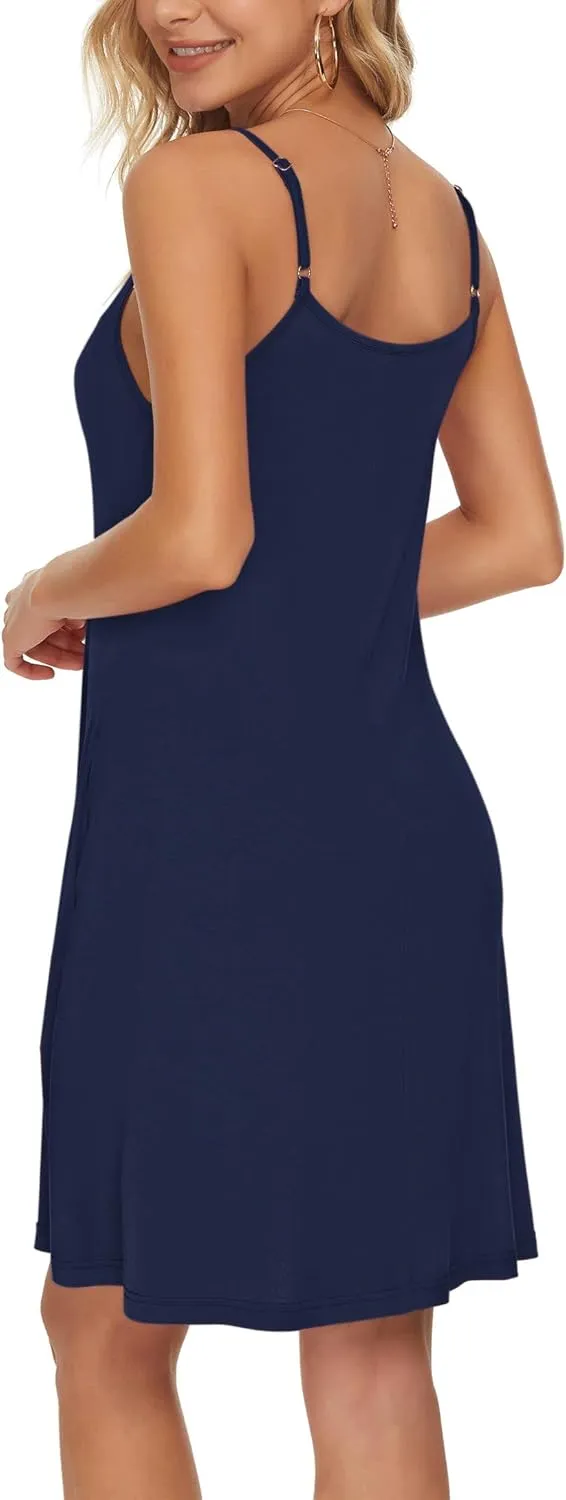 WNEEDU Women's Summer Spaghetti Strap Button Down V Neck Casual Beach Cover Up Dress with Pockets