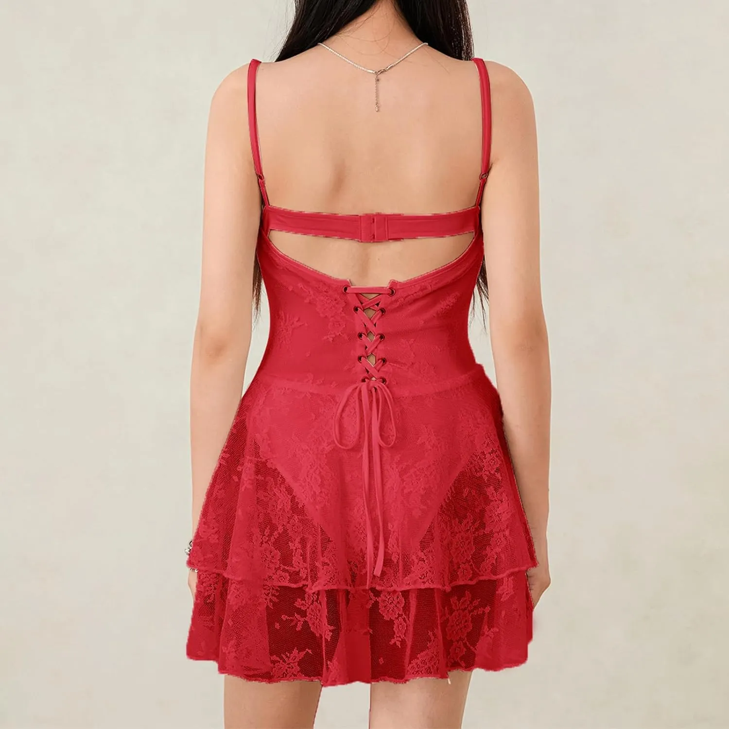 Women Corset Mini Dress Sleeveless Spaghetti Strap Backless Lace Floral Tiered Ruffle Hem Cami Dress Party Clubwear